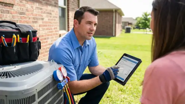 Technicien expliquant le tarif dépannage climatisation sur une tablette à un client, près d'une unité extérieure.