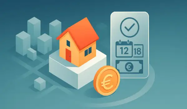 Una casa arancione su una base bianca, con una moneta euro e un'app per la pianificazione di una donazione per acquisto casa.