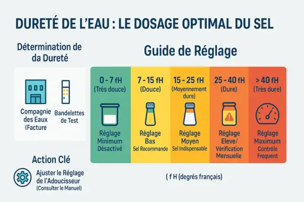 Guide de réglage du sel pour l'eau dure ou douce, avec des indications pour différents niveaux de dureté de l'eau (fH).