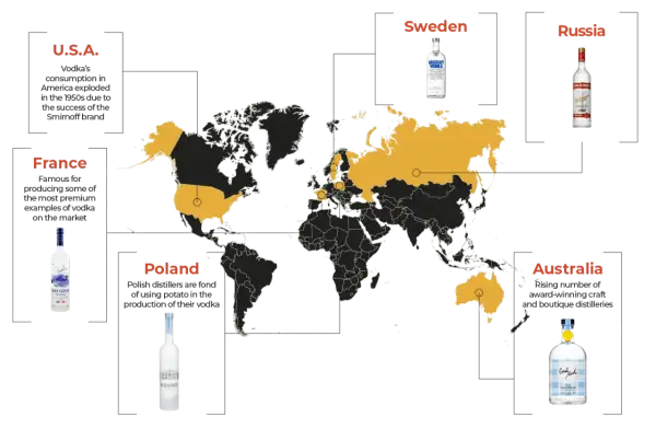 Mapa świata z zaznaczonymi krajami produkującymi wódkę. Kto wynalazł wódkę? Pytanie pozostaje otwarte, ale Polska, Szwecja, USA, Francja, Rosja i Australia mają swoje tradycje.