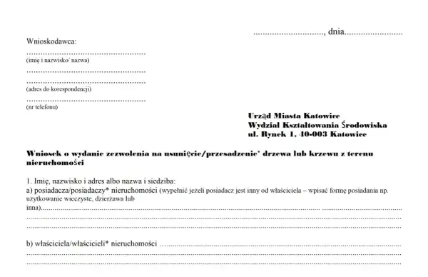 Wniosek o zezwolenie na wycinkę drzew na działce, skierowany do Wydziału Kształtowania Środowiska Urzędu Miasta Katowice.