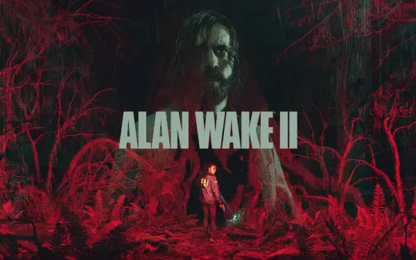 Mroczny las, agentka FBI z latarką i pistoletem, nad nimi twarz Alana Wake'a. To kluczowe dla **Alan Wake 2 poradnik**.