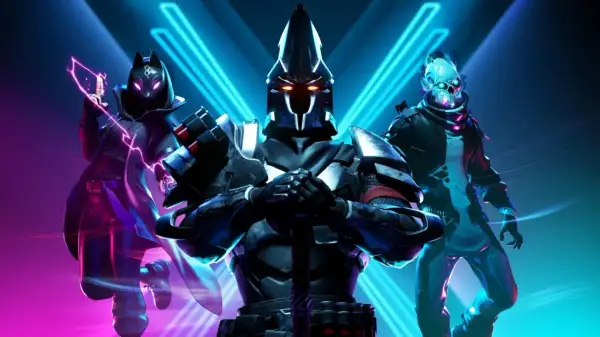 Trzech bohaterów z Fortnite w neonowym otoczeniu. Sprawdź Fortnite wymagania, by dołączyć do walki!