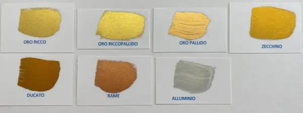 Campioni di vernice metallizzata: oro ricco, oro riccopallido, oro pallido, zecchino, ducato, rame e alluminio.