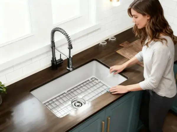 A woman cleans the edge of a new undermount sink installation. The stainless steel sink has a grid rack and a modern black faucet.