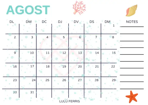 Calendario de agosto con diseño de burbujas y temática marina. Incluye espacio para notas.