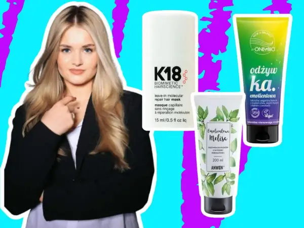 Blondynka z produktami do włosów, które pomogą Ci dowiedzieć się, jak wygładzić włosy.