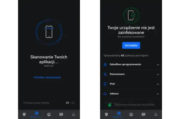 Aplikacja antywirusowa na iPhone pokazuje, że urządzenie jest czyste. Skanowanie 43 aplikacji nie wykazało zagrożeń.