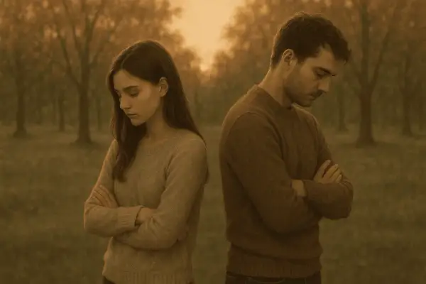 Coppia con le braccia conserte, spalle alle spalle, in un bosco autunnale. Un momento di riflessione, forse il difficile passo di lasciare andare un uomo.