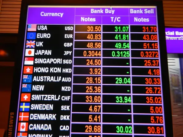 Tabla de cambio de divisas: ¿cuánto dinero llevar a Tailandia? Muestra tasas para USD, EUR, GBP, JPY, SGD, HKD, AUD, NZD, CHF, SEK, DKK, CAD.