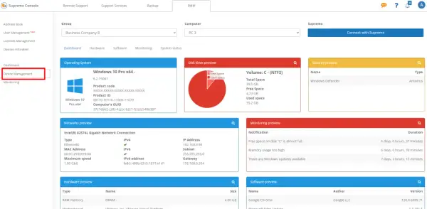 Panel zarządzania urządzeniami w Supremo. Widok szczegółów komputera PC 3 z systemem Windows 10 Pro x64, podłączonego do sieci.