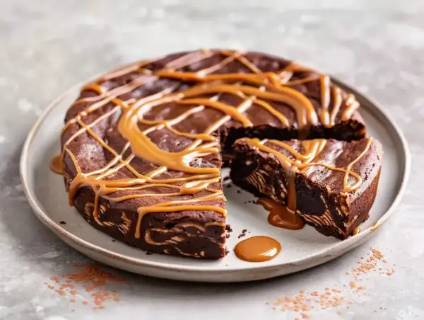 En saftig kladdkaka med ett härligt mönster, toppad med en generös glasyr av dulce de leche.