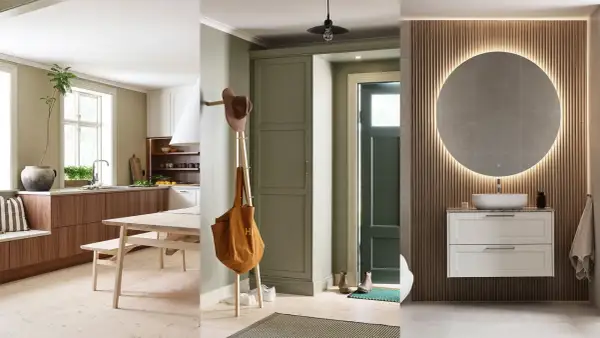 Triptyk av hemtrevliga rum: kök med trädetaljer, hall med hatthylla och ett modernt badrum med rund spegel. Klassisk design genomsyrar helheten.
