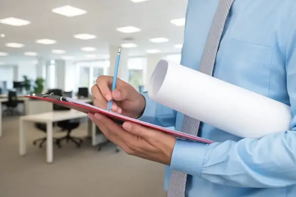 Persona con camisa azul y corbata a rayas, sosteniendo un portapapeles rojo y un rollo de papel. Podría ser un **lpo** o un **cfo** revisando documentos.