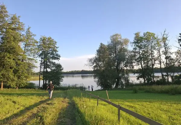 Piękny litewski krajobraz nad jeziorem. Osoba idzie ścieżką przez zieloną łąkę w stronę wody, gdzie stoją inni ludzie.