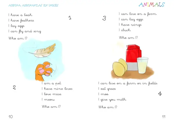Página con adivinanzas en inglés sobre animales. Se muestran ilustraciones de una pluma y una pata de gato, y de huevos, leche y una caja de leche.