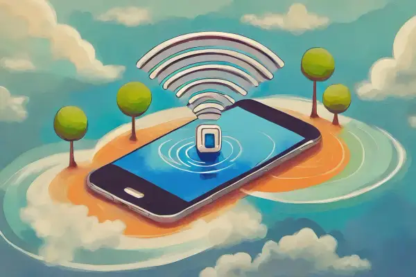 Smartfon na wyspie z drzewkami, symbol Wi-Fi unosi się nad ekranem. Idealny do monako roaming, gdziekolwiek jesteś.