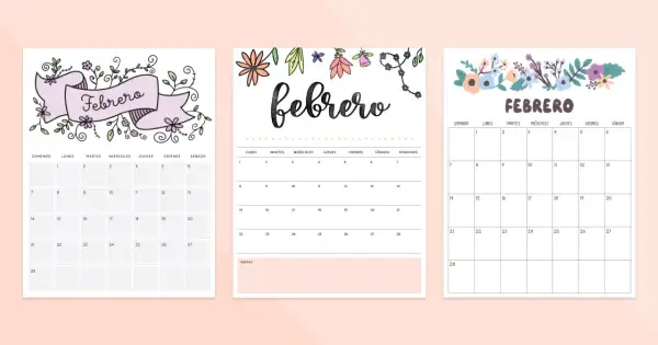 Tres diseños de calendarios para el **calendari febrer**, con decoraciones florales y el nombre del mes en grande.