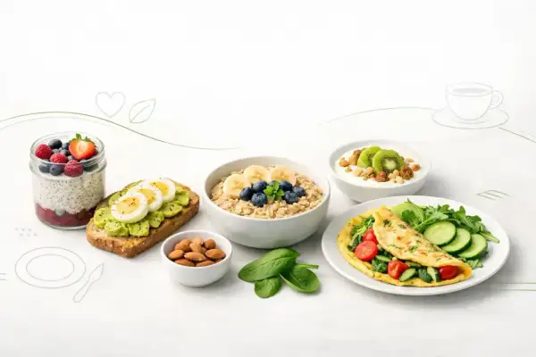 Idealne fit śniadanie: owsianka z owocami, omlet, jogurt z kiwi, tosty z awokado i jajkiem, nasiona chia z jagodami i malinami, migdały.