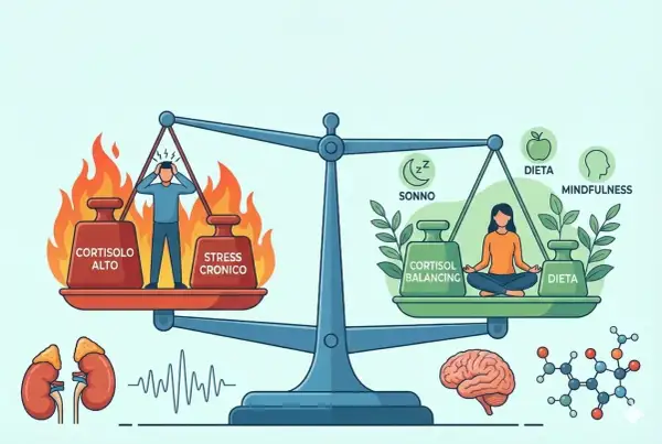 Bilancia tra stress cronico e cortisolo alto, che fa ingrassare, e soluzioni come sonno, dieta e mindfulness per bilanciare il cortisolo.