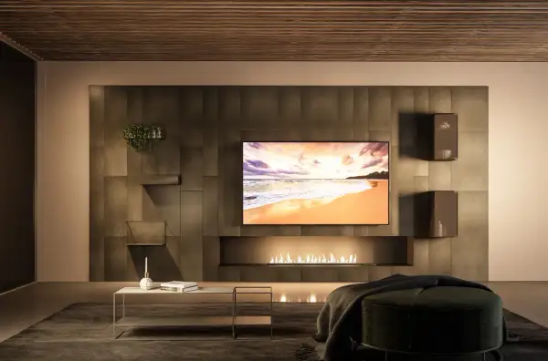 Un salon moderne avec une cheminée éthanol, une TV affichant une plage et une **déco derrière télé** minimaliste avec des étagères et une plante.