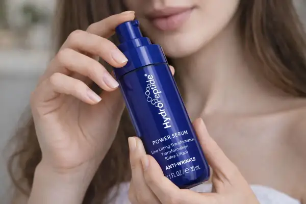 Dłonie kobiety trzymają granatową buteleczkę serum HydroPeptide z kwasem hialuronowym, obiecującą transformację skóry.