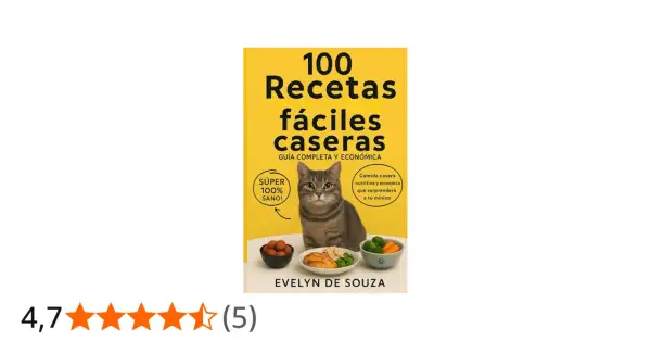 Libro "100 Recetas fáciles caseras" con un gato mirando platos de comida casera para gatos. ¡Recetas saludables y económicas!