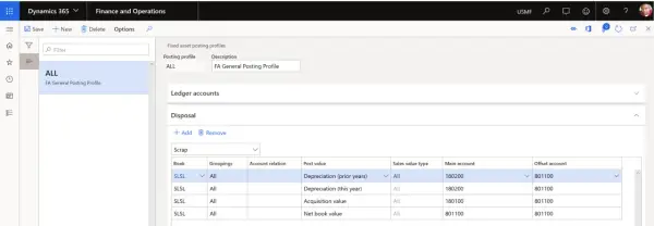 Konfiguracja księgowania likwidacji środka trwałego w Dynamics 365. Widok zawiera profile księgowania, konta księgowe i szczegóły dotyczące likwidacji.
