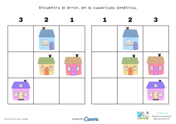 Ficha simetría: dos cuadrículas con casas de colores. Busca la diferencia en la disposición de las casas.