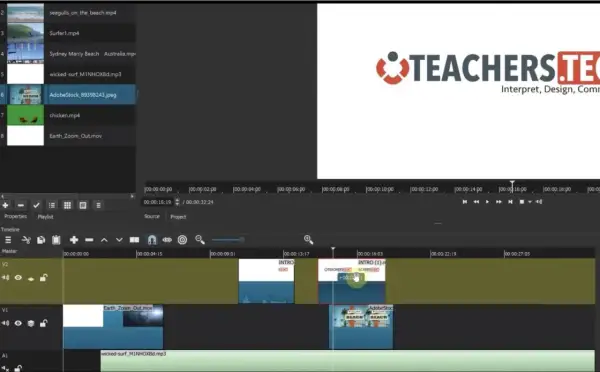 Edytor wideo, przypominający Final Cut Pro, z materiałami wideo i audio na osi czasu.