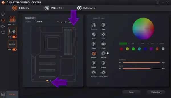 Interfejs RGB Fusion 2.0 pozwala na dostosowanie podświetlenia płyty głównej. Widoczne są opcje efektów LED, koło kolorów i suwaki jasności.