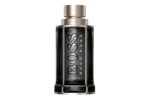 Elegancka butelka perfum Hugo Boss The Scent Magnetic w kolorze czarnym z metalicznymi detalami.