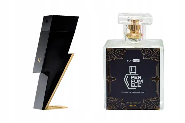 Czarny flakon perfum w kształcie pioruna Carolina Herrera obok prostokątnej butelki z etykietą Perfumele.