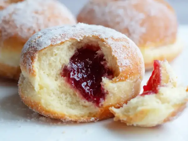 Puszyste pączki z piekarnika, oprószone cukrem pudrem, z obfitym nadzieniem z konfitury. Idealne na tłusty czwartek!