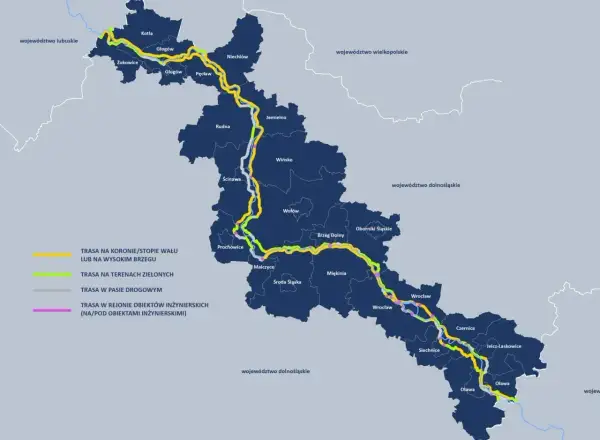Mapa prezentująca przebieg wiślanej trasy rowerowej przez województwo dolnośląskie, z zaznaczonymi odcinkami na wałach, terenach zielonych i w pasie drogowym.