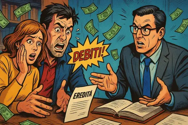 Coppia scioccata davanti a un notaio che parla di "DEBITI!" e "EREDITÀ". Soldi volano, suggerendo una situazione finanziaria complicata dopo quanto tempo il notaio chiama gli eredi.