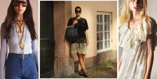 Estilo boho: mujer con collares dorados y top azul, otra con vestido de encaje negro y bolso flecos, y una tercera con vestido blanco volantes.