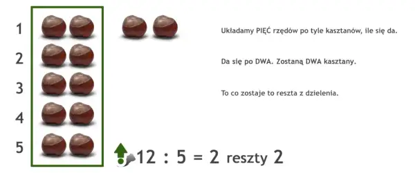 Ilustracja przedstawia kasztany ułożone w rzędy i działanie matematyczne 12:5=2 reszty 2.