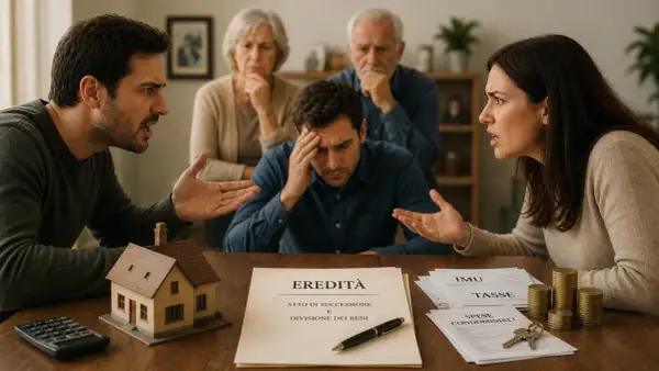 Famiglia in lite per l'eredità. La sorella non vuole fare la successione, mentre gli altri discutono animatamente attorno a documenti e una casa giocattolo.
