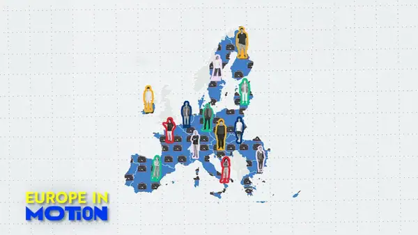 Ludzie z walizkami na mapie Europy, symbolizujący ruch i podróże między krajami.