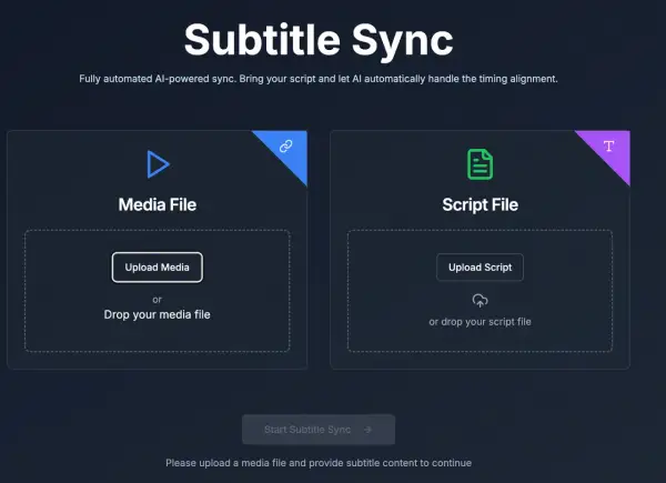 AI-powered Subtitle Sync interface. Upload media and script files to fix subtitles out of sync.