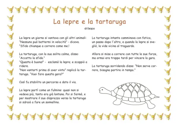 Storie per la nanna da leggere: la lepre si vanta, la tartaruga accetta la sfida e vince. Illustrazione con lepri e tartaruga.