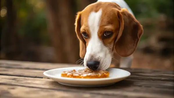 A beagle sniffs a piece of honeycomb on a plate, wondering if dogs have honey.