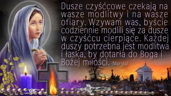 Matka Boża z dłońmi złożonymi do modlitwy, świeca i różaniec. Obraz przypomina o modlitwie do Matki Bożej za dusze w czyśćcu.