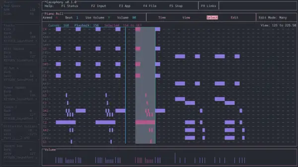 Sekwencer muzyczny "Cacophony" z piano roll, gdzie widać kolorowe bloki nut. To jest kakofonia dźwięków, które można edytować.