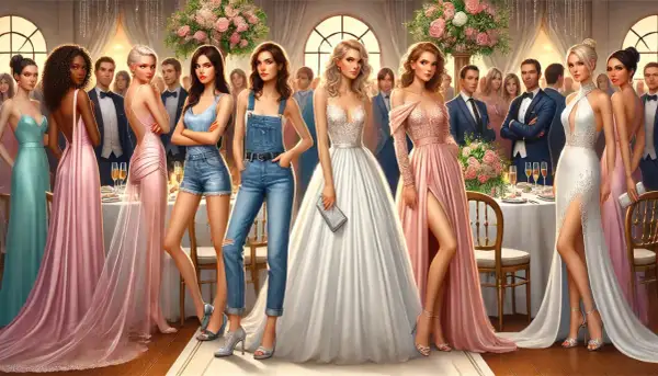 Eleganckie panie w ekstrawaganckich sukienkach na wesele, jedna w białej, druga w różowej, obok koleżanek w innych kreacjach i panów w garniturach.