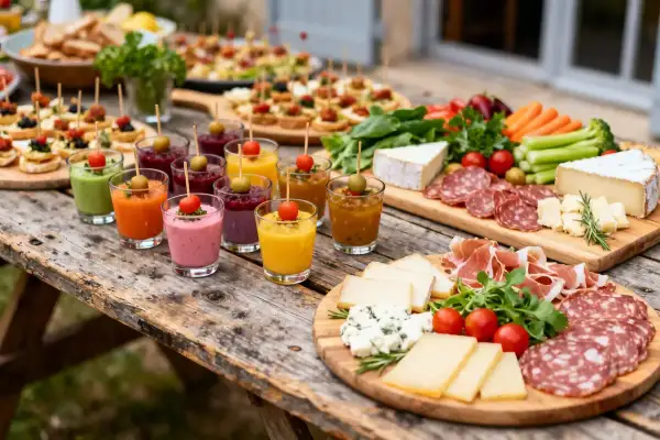 Un apéro maison convivial avec des verrines colorées, fromages, charcuteries et crudités sur une table en bois rustique.
