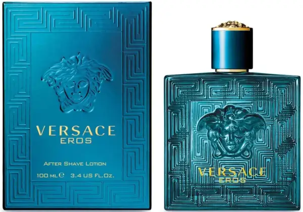 Niebieskie pudełko i butelka Versace Eros After Shave Lotion z motywem greckim.