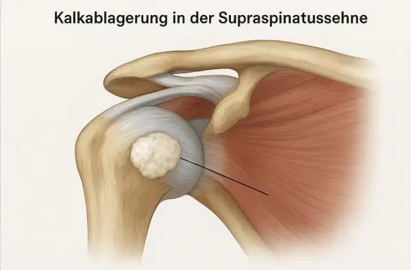 Kalkablagerung in der Supraspinatussehne: Was tun? Anatomische Darstellung einer Schulter mit Kalkdepot.