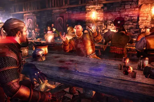 W karczmie, gdzie każdy dzień to "wiedźmin 3 sezamie otwórz się", Geralt obserwuje mężczyznę z płonącą pochodnią.